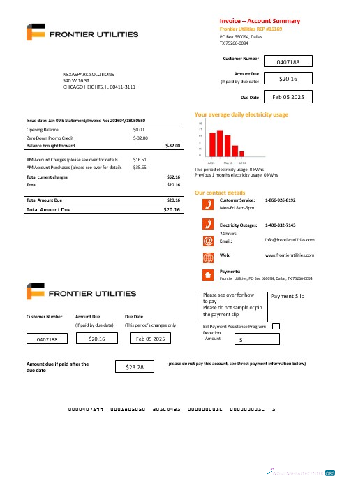 USA Texas Frontier Utilities business utility bill template in Word and PDF formats